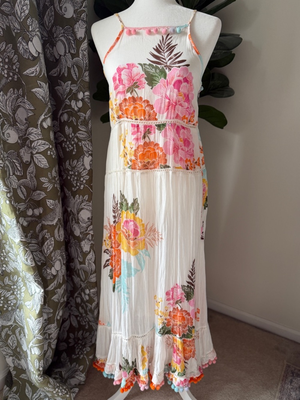 FARM Rio White Maxi Dress with Pink, Orange & Yellow Floral Print